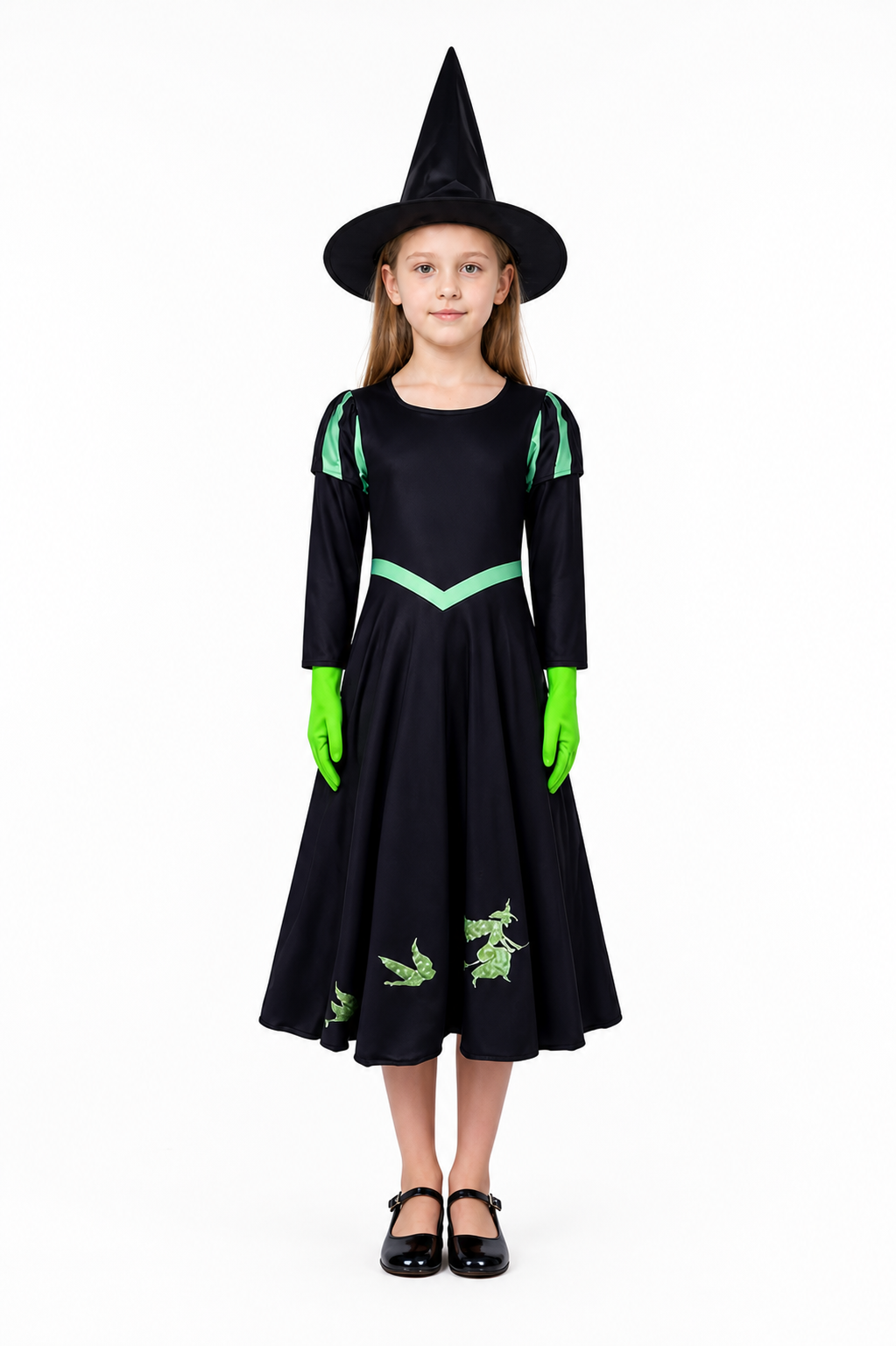 Unisex Witch Costume Set, Black Long Sleeve A-Line Dress with Green V Trim, Hat main product view