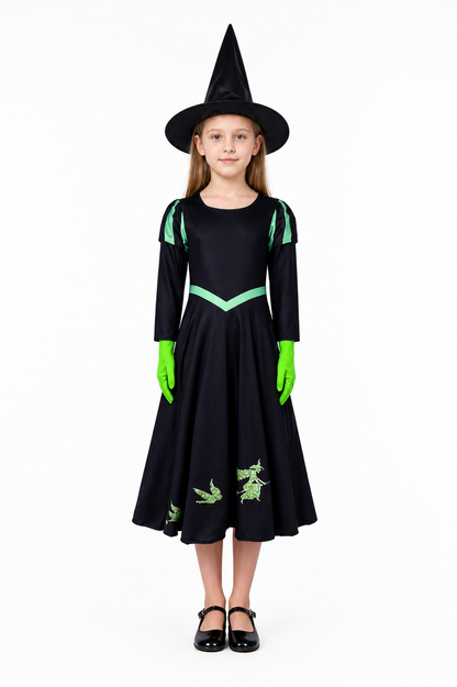 Unisex Witch Costume Set, Black Long Sleeve A-Line Dress with Green V Trim, Hat main product view