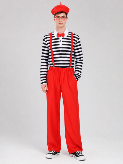 This bright clown costume is designed to create an expressive stage look and a festive transformation. The set includes a red cap with a short protruding crown, round glasses with red frames, a long-sleeve shirt with horizontal black-and-wh