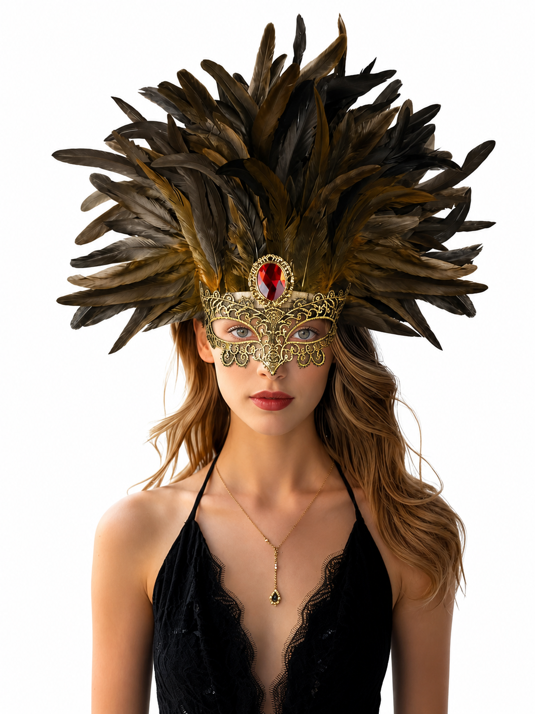 Carnival Headpiece with Mask and Feathers