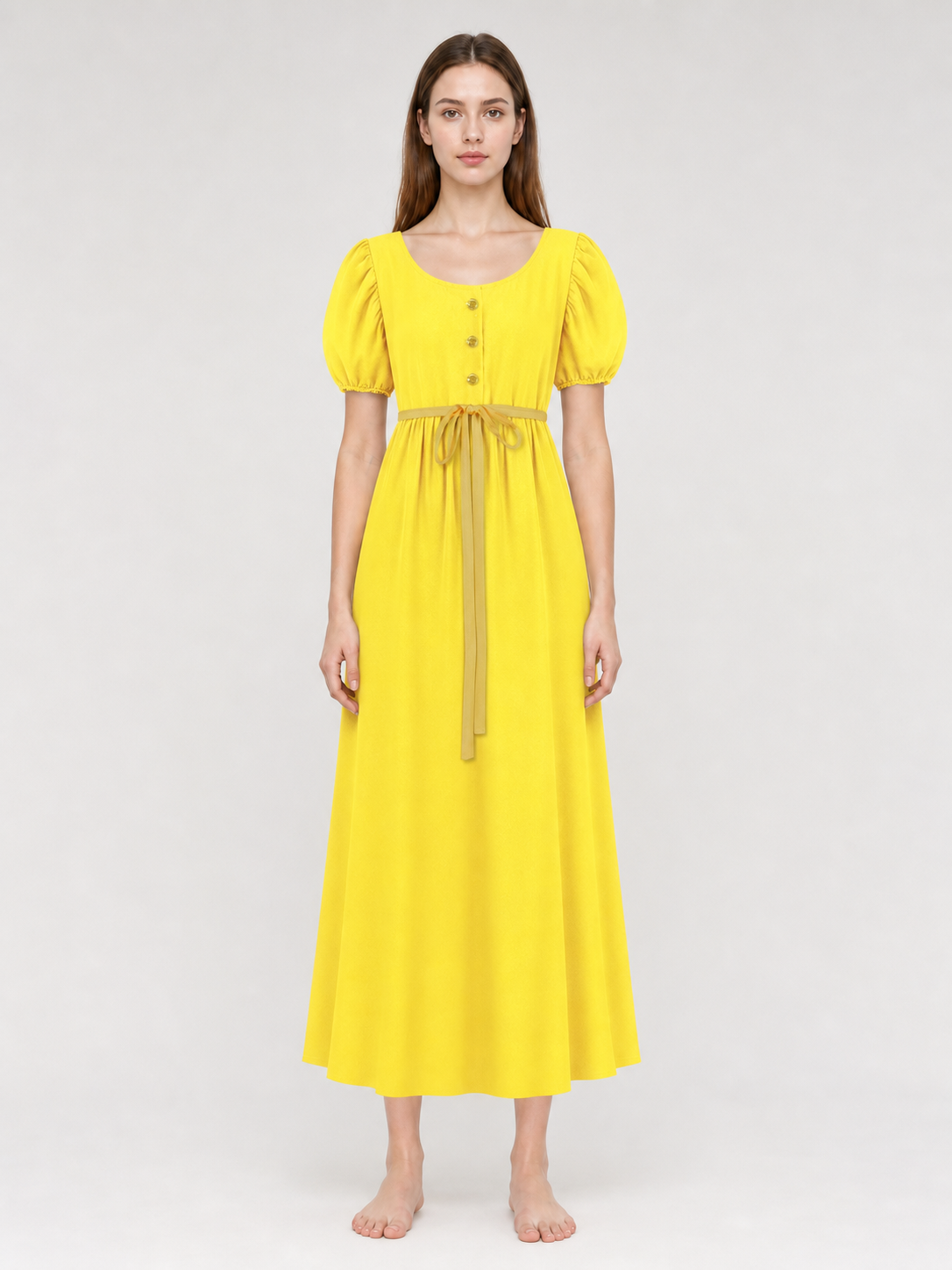 Yellow Dress with Buttons and a Drawstring Waist
