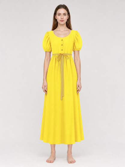 Yellow Dress with Buttons and a Drawstring Waist