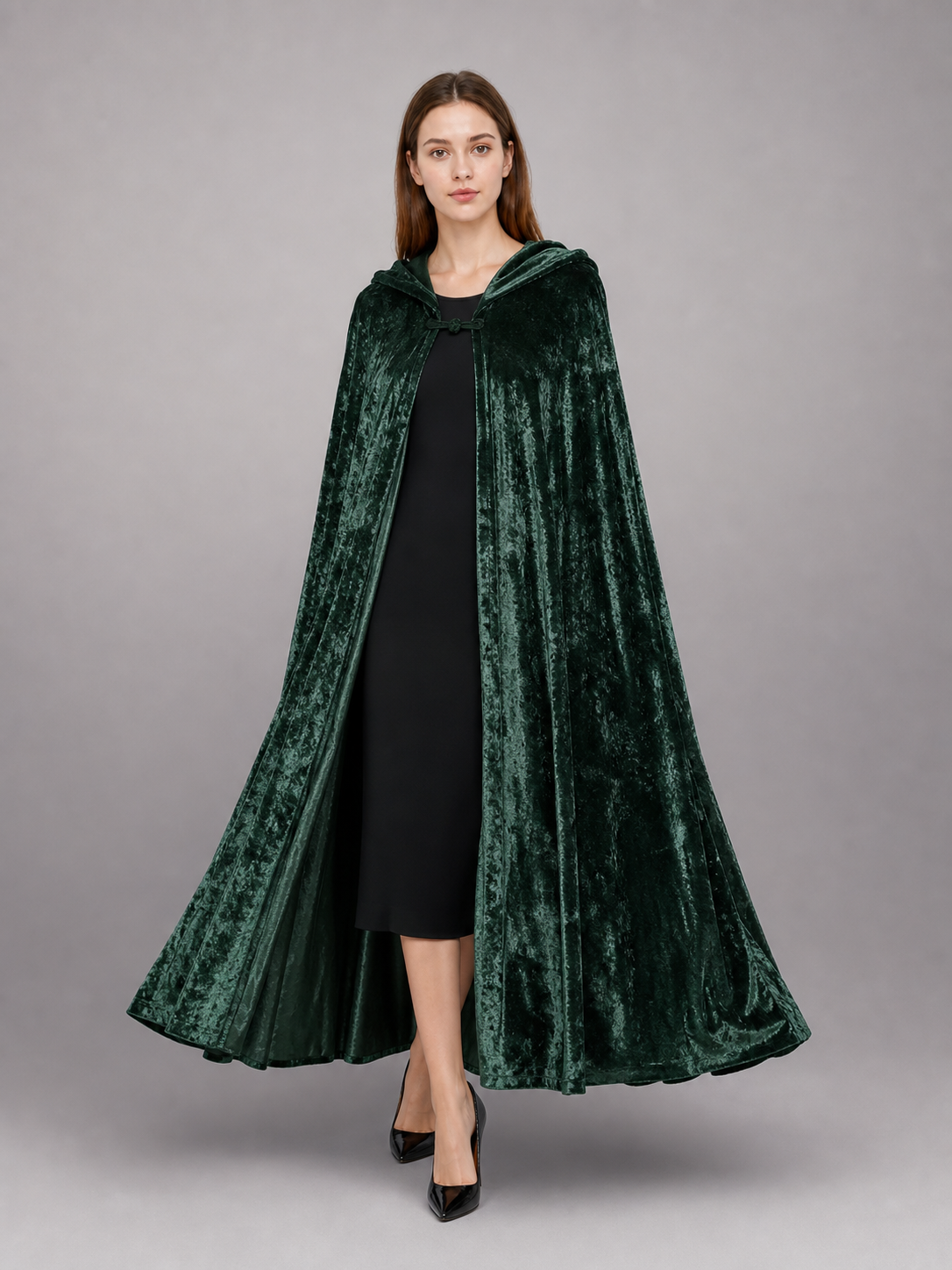 Dark green hooded velvet costume cape product view 46