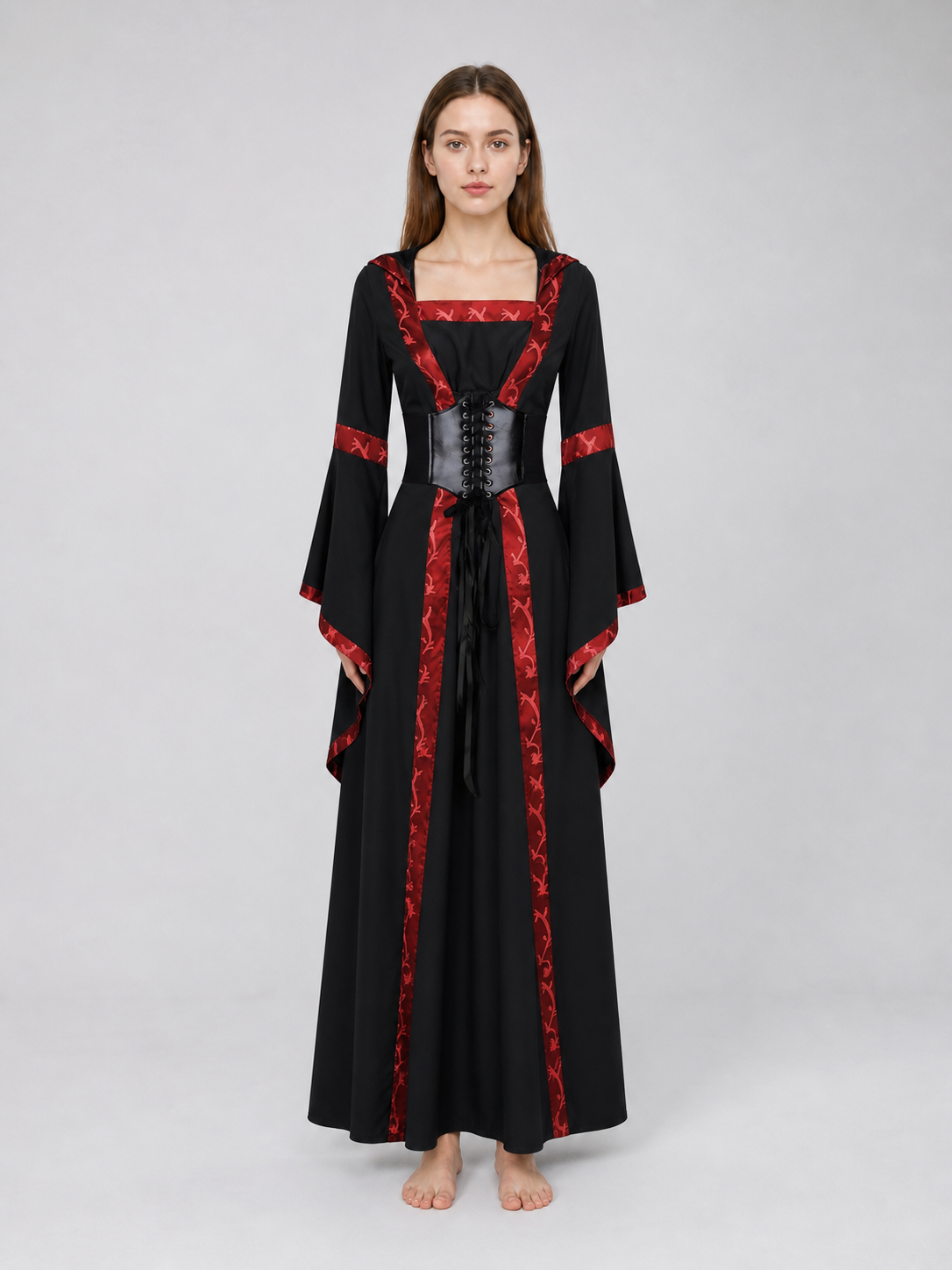 Black Gothic Hooded Dress with Lace-Up Detail