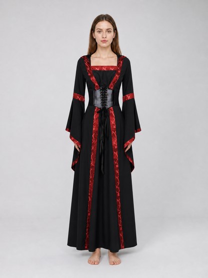 Black Gothic Hooded Dress with Lace-Up Detail