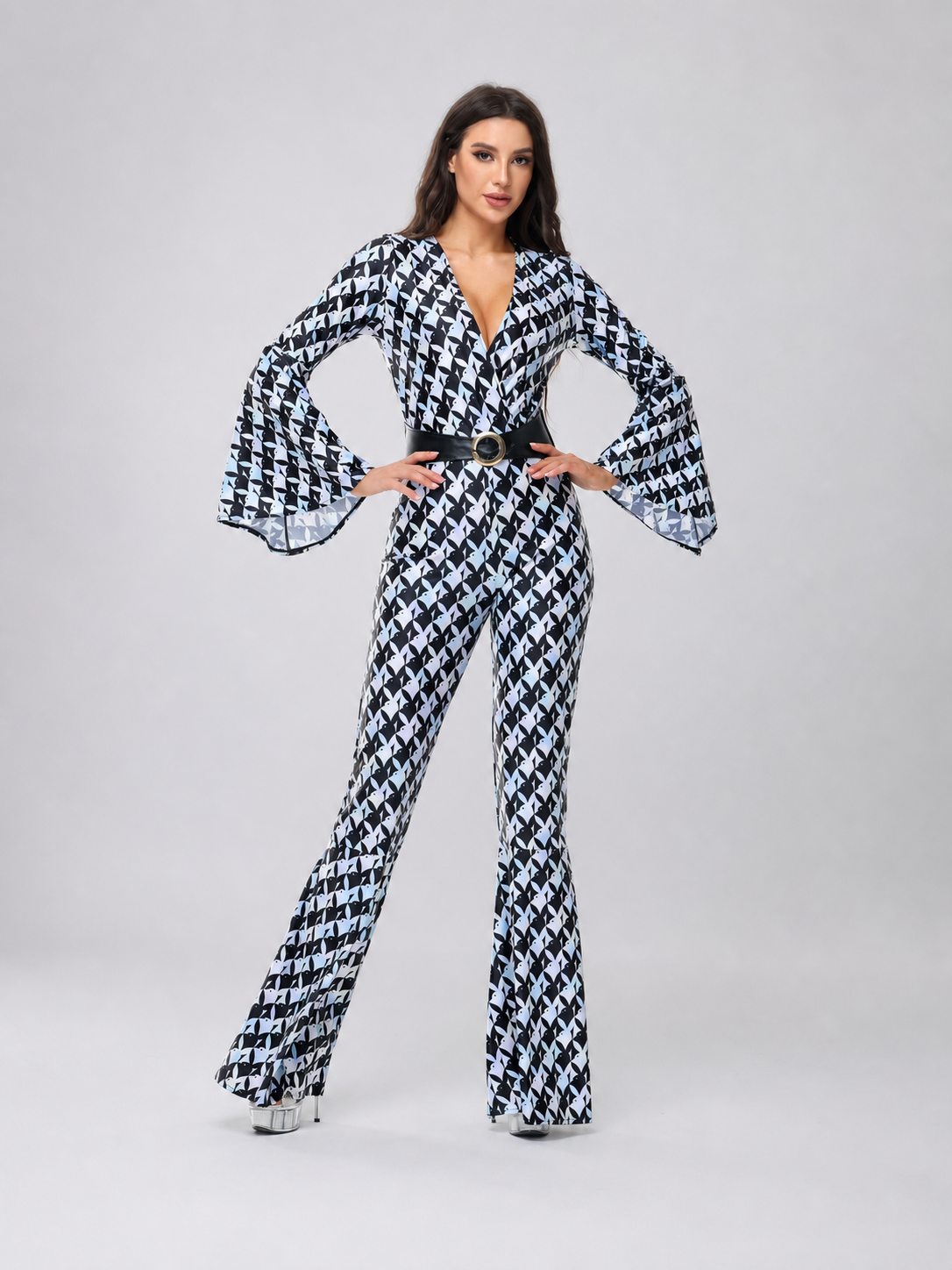 Retro Flared Jumpsuit with Geometric Print