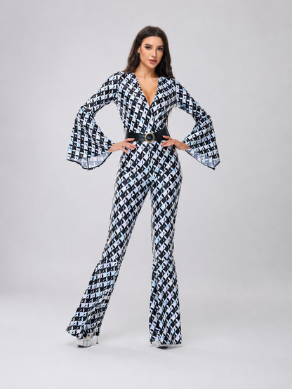 Retro Flared Jumpsuit with Geometric Print