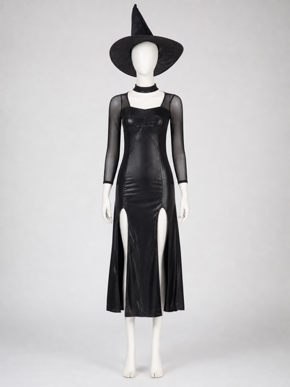 Witch Costume: Black Dress with Slit and Sleeves