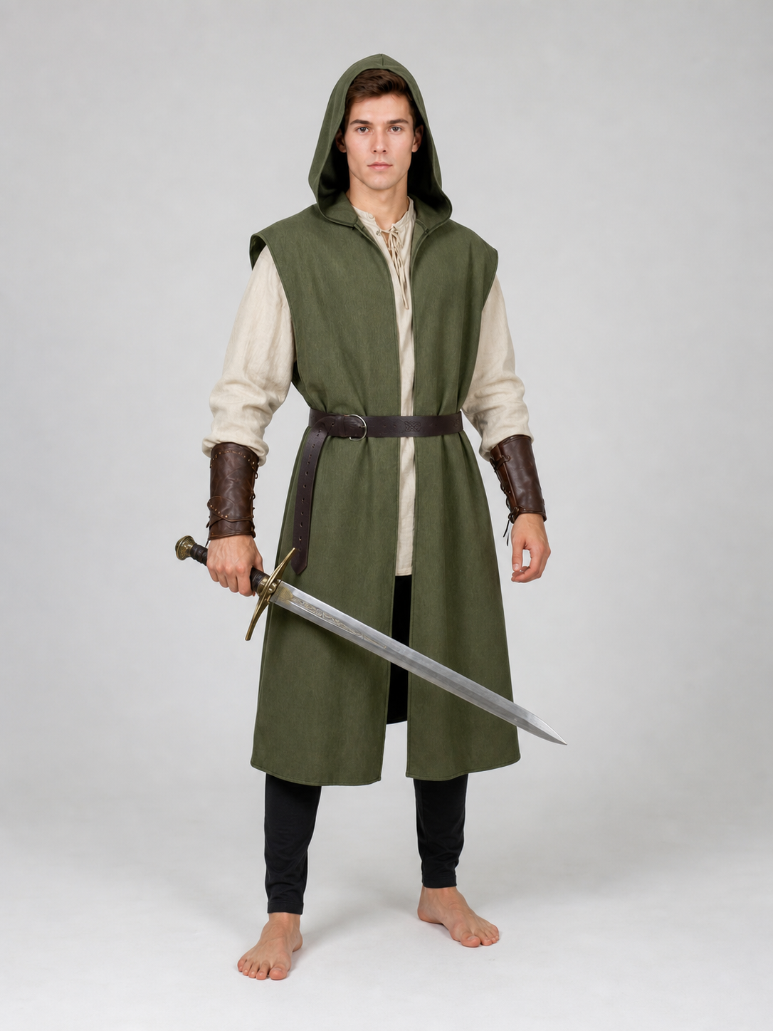 Medieval Fantasy Role Play Costume Set, 2-Piece Olive Green Hooded Sleeveless