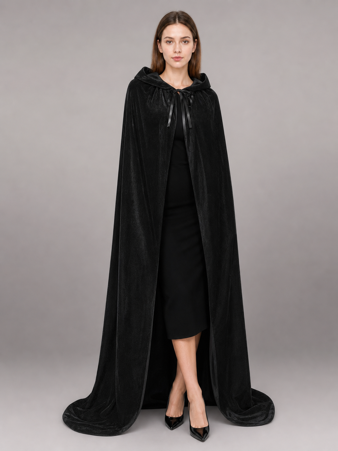 Black medieval hooded costume cloak