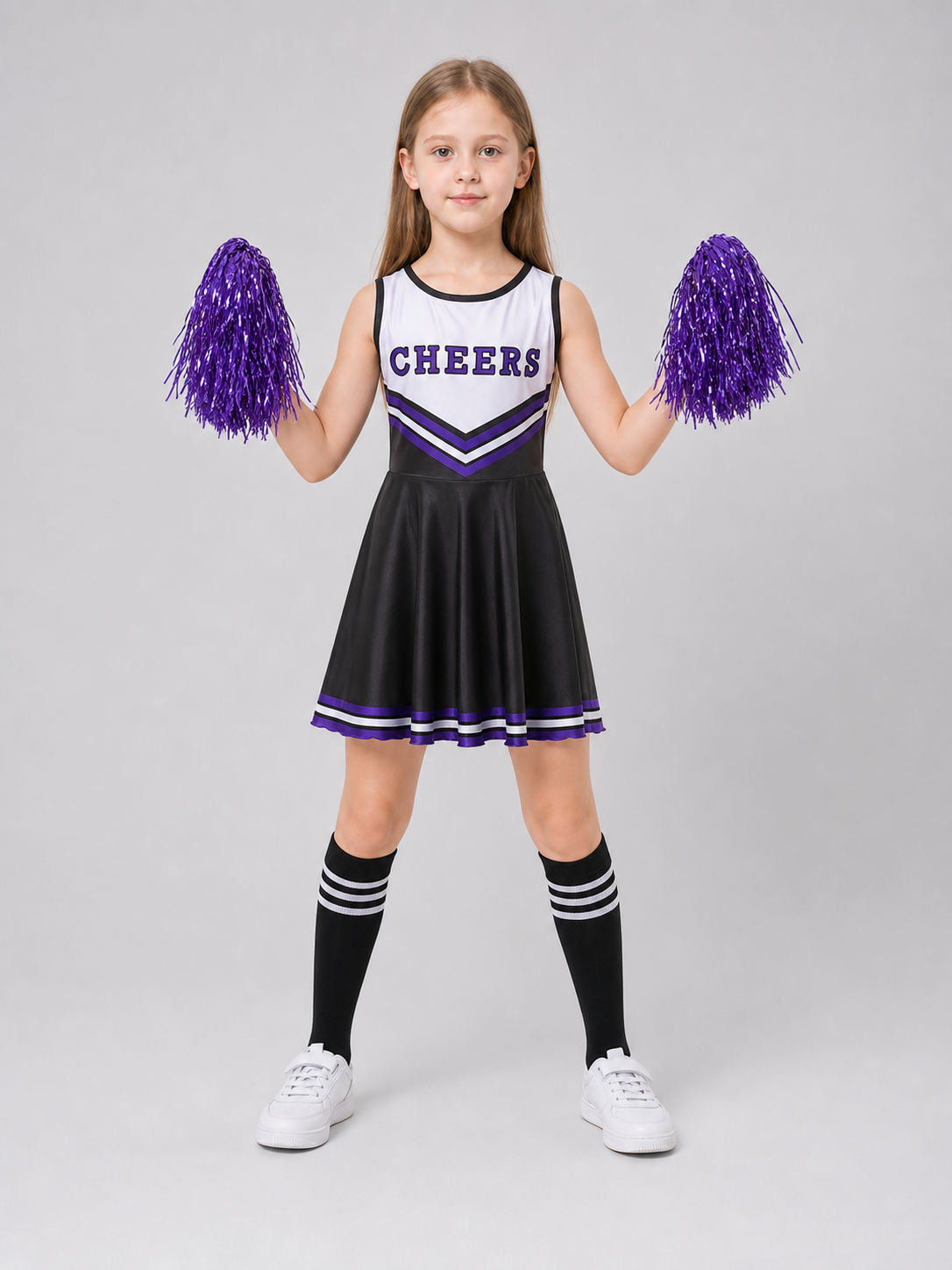 Cheerleading costume with pom-poms, dress, and leg warmers