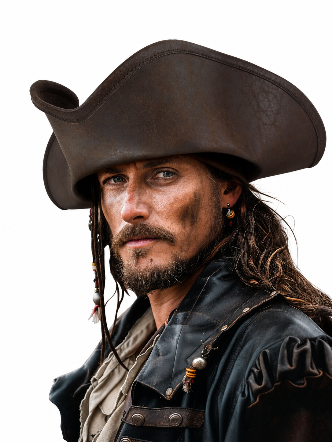 Dark Brown Tricorn Pirate Hat, Three-Cornered Structured Crown with Broad Curved Upturned Brim and Stitched Edging for Cosplay Costumes, Theatrical Performances and Fantasy Events