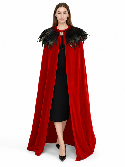 Red Velvet Cape with Feather Trim