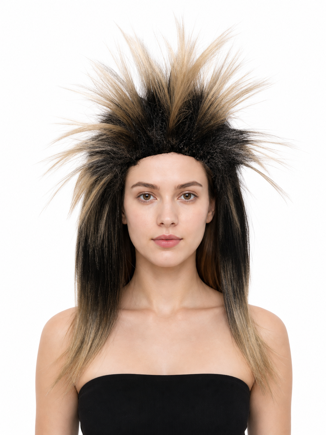Costume wig with black and blonde spiked fibers and long tapered sides, shown in a close-up portrait on a model