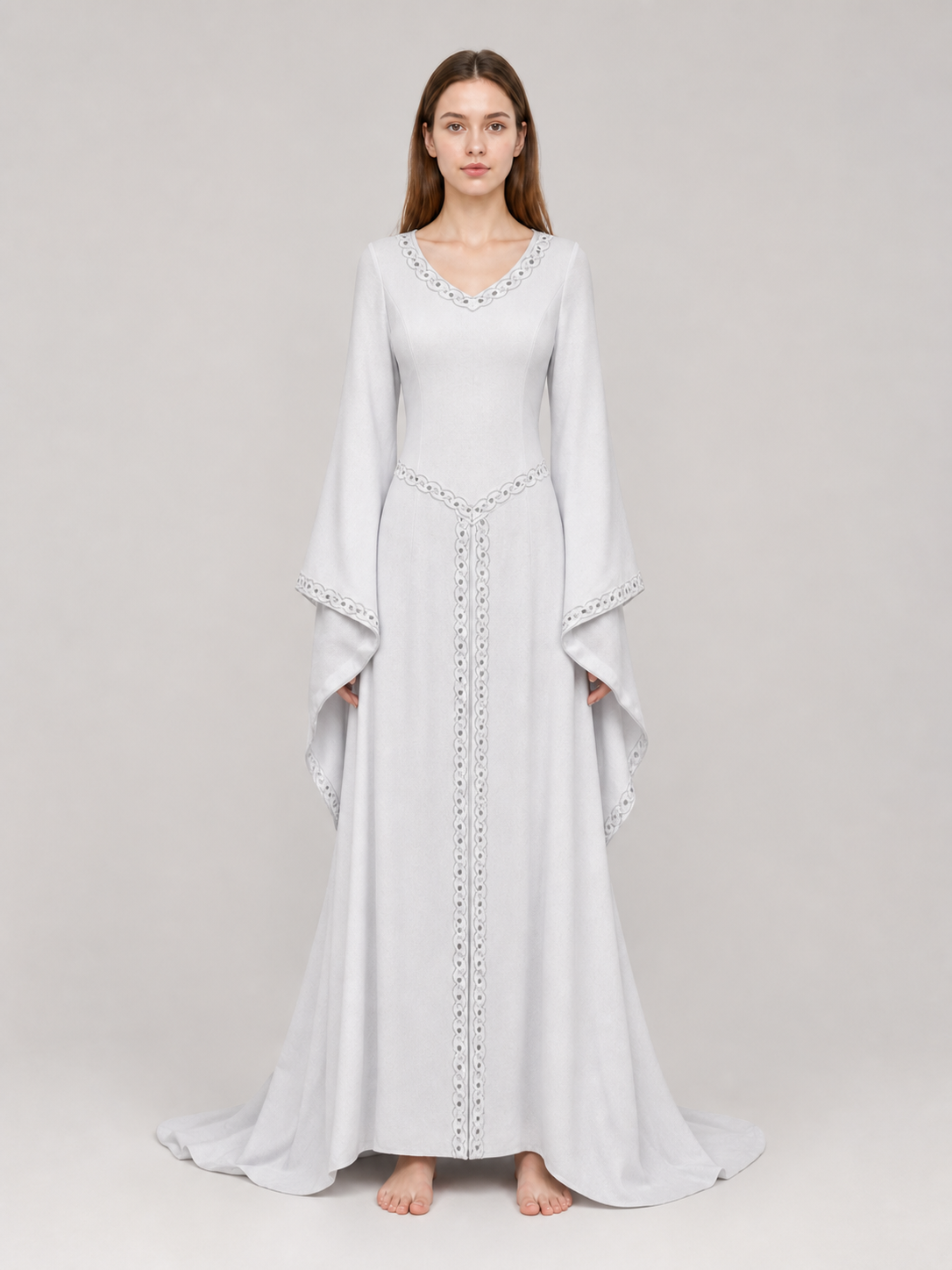 White Maxi Dress with Embroidery and Flared Sleeves