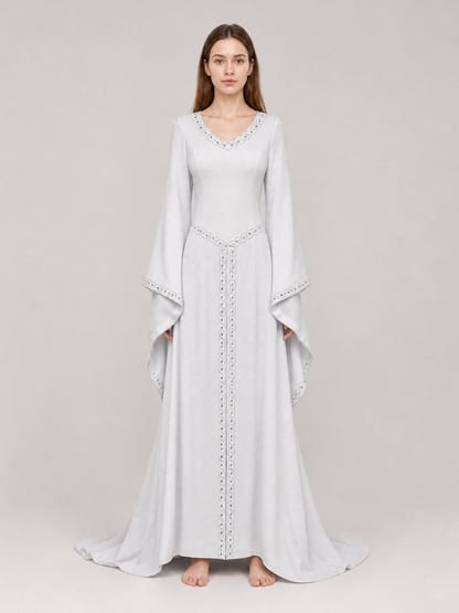 White Maxi Dress with Embroidery and Flared Sleeves