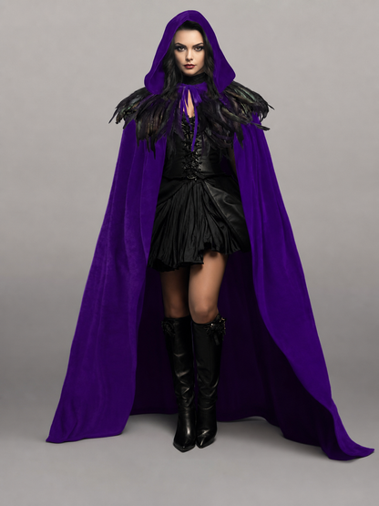 Purple hooded feather-trimmed velvet cape product view 19