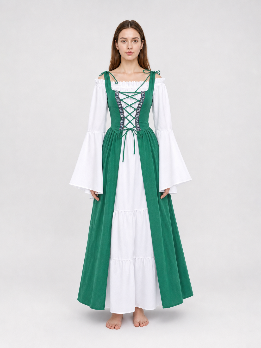 Green and white medieval-style dress with lacing