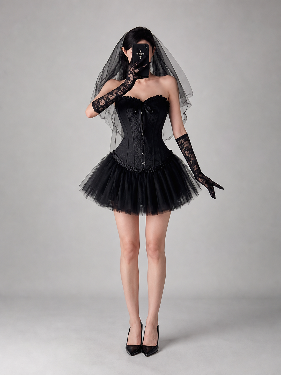 Gothic costume with corset, veil, and gloves