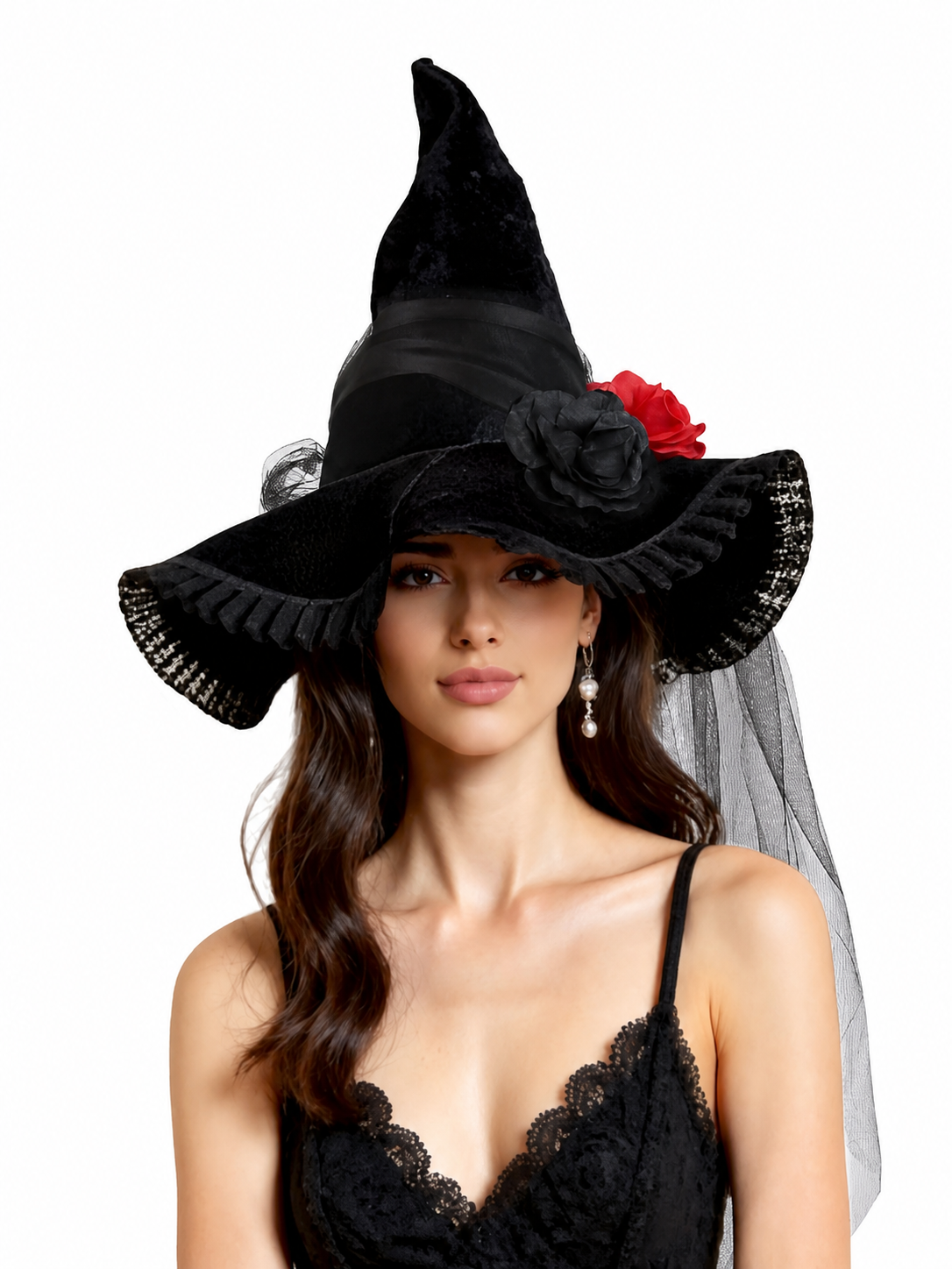 Black Halloween Witch Hat with Red Rose, Wide Brim, Tall Pointed Crown and Sheer Veil for Costume Parties and Photo Shoots