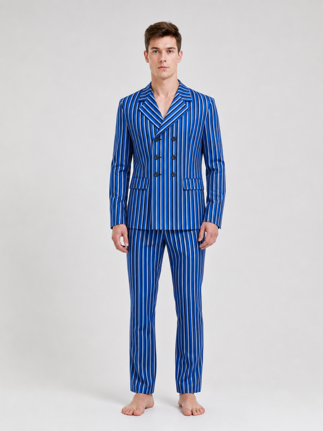 The Doctor Who cosplay double-breasted suit is designed in a white-and-blue color scheme with vertical stripes. The set includes a jacket and pants made in the same design. The jacket features a double-breasted closure, peaked lapels, and f