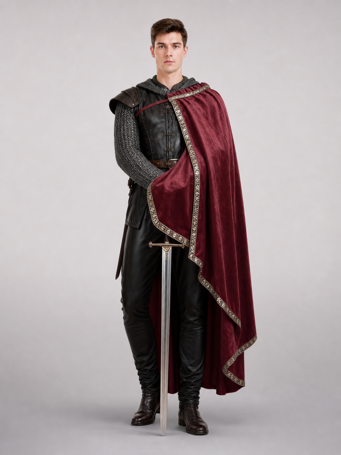 Burgundy velvet-look hooded costume cape product view 20
