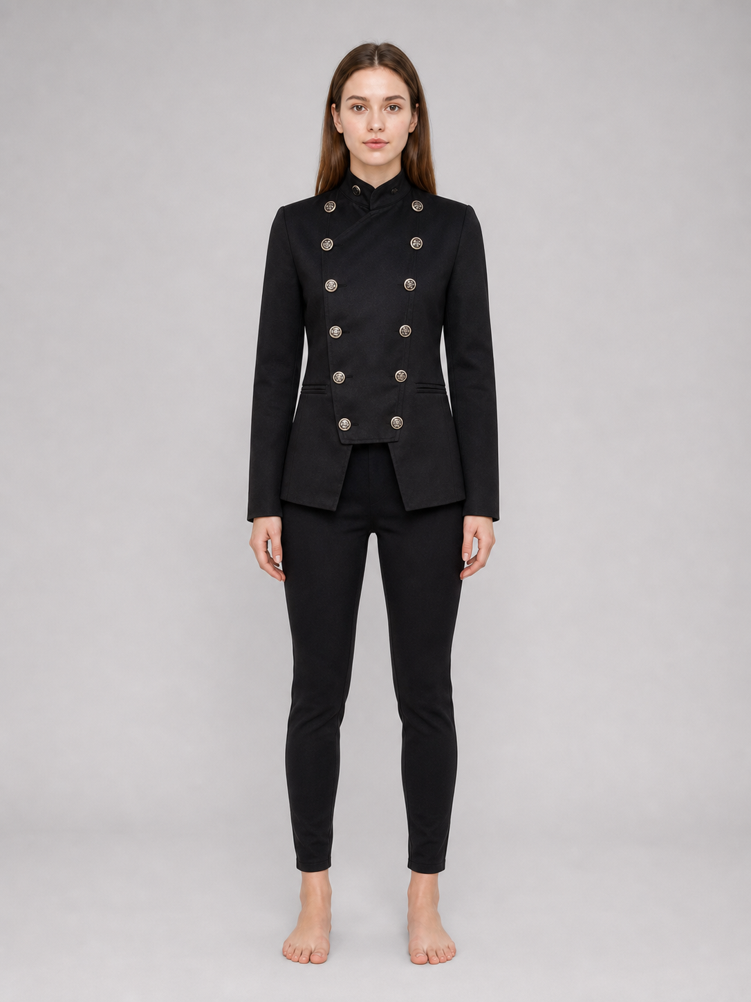 Black jacket with an asymmetrical double-breasted placket