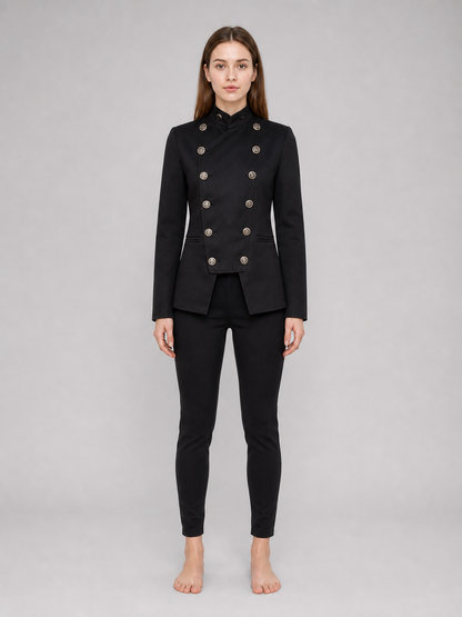 Black jacket with an asymmetrical double-breasted placket