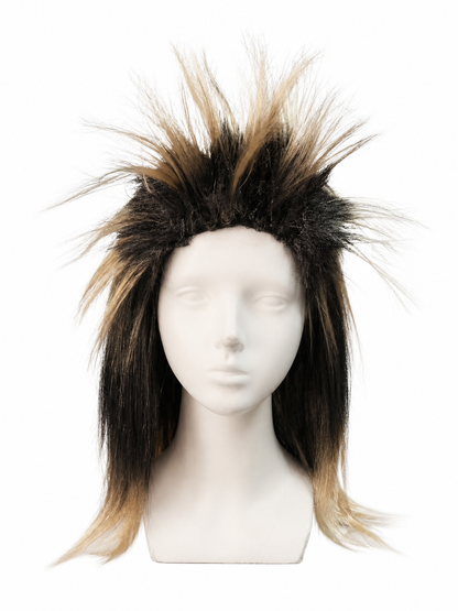 Costume wig with black and blonde spiky fibers and long straight side sections, displayed on a mannequin against white