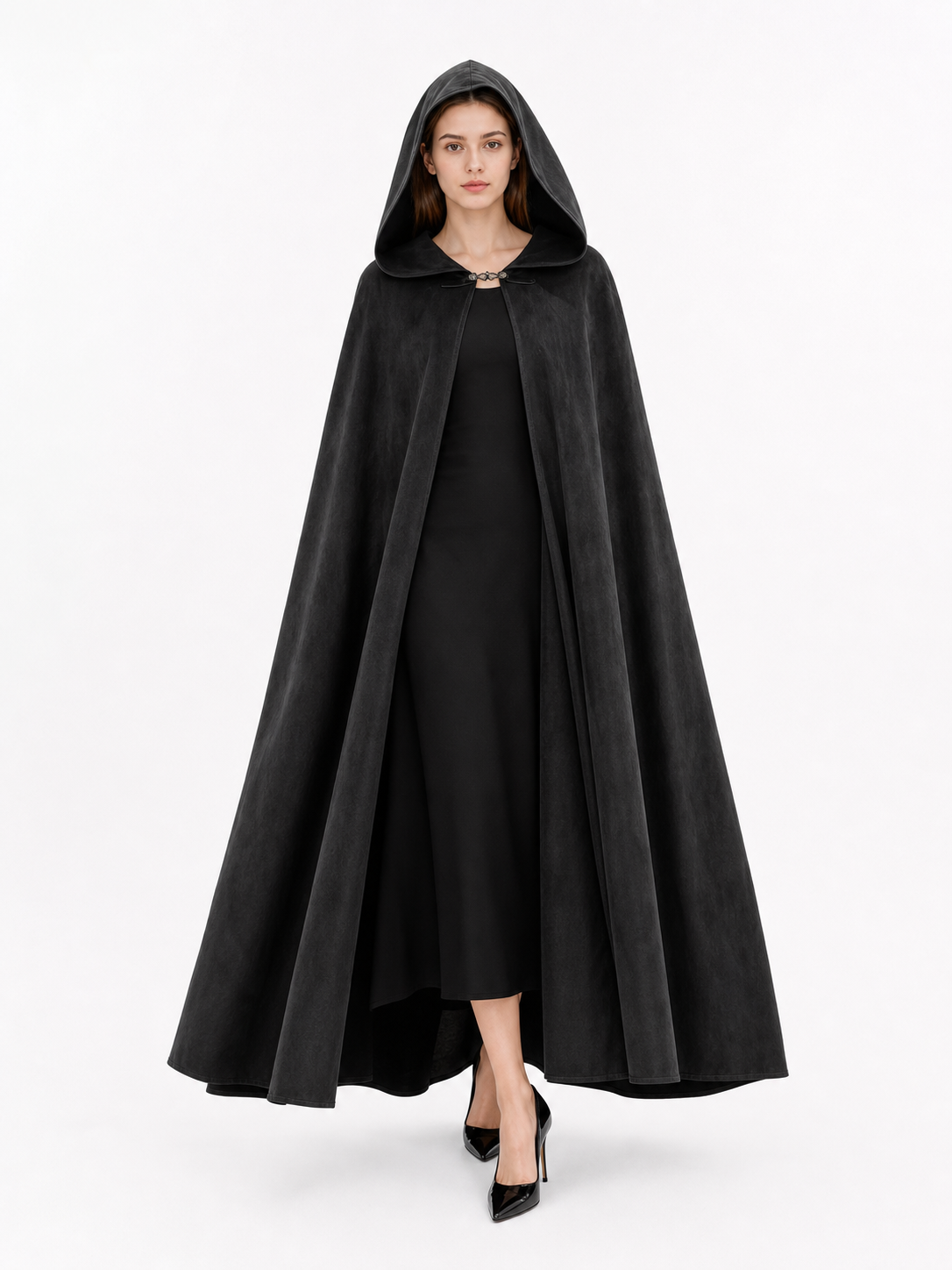 Long black hooded costume cloak
