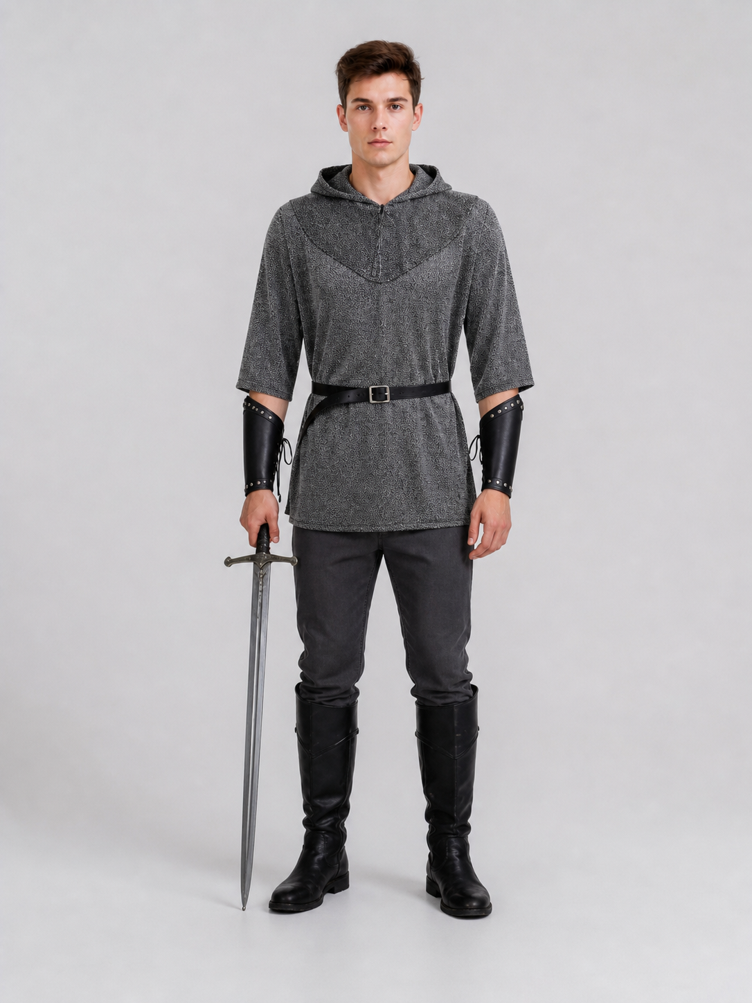 Medieval Warrior Cosplay Costume Set, 6-Piece Hooded Top, Pants, Boots, Arm Guards, Leg Guards And Sword For Role Play Performance
