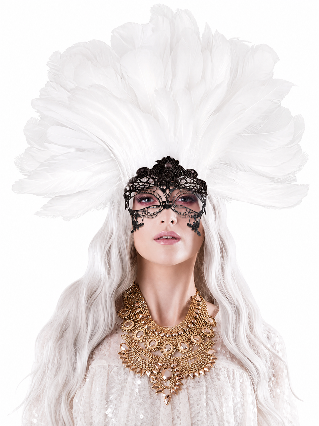 White feather headpiece with a black lace mask, shown on a model with long white hair against a plain white background