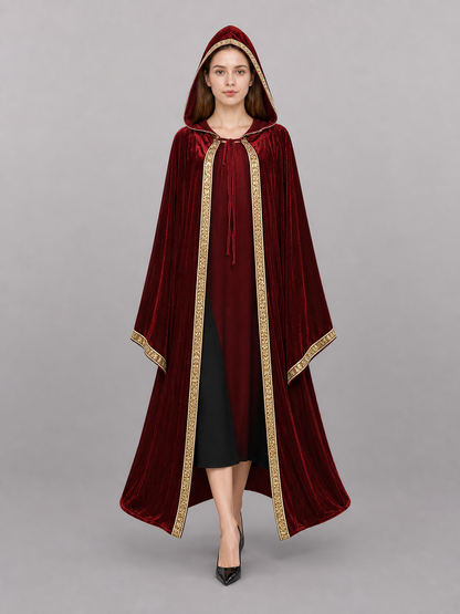 Burgundy carnival cape with hood and gold trim