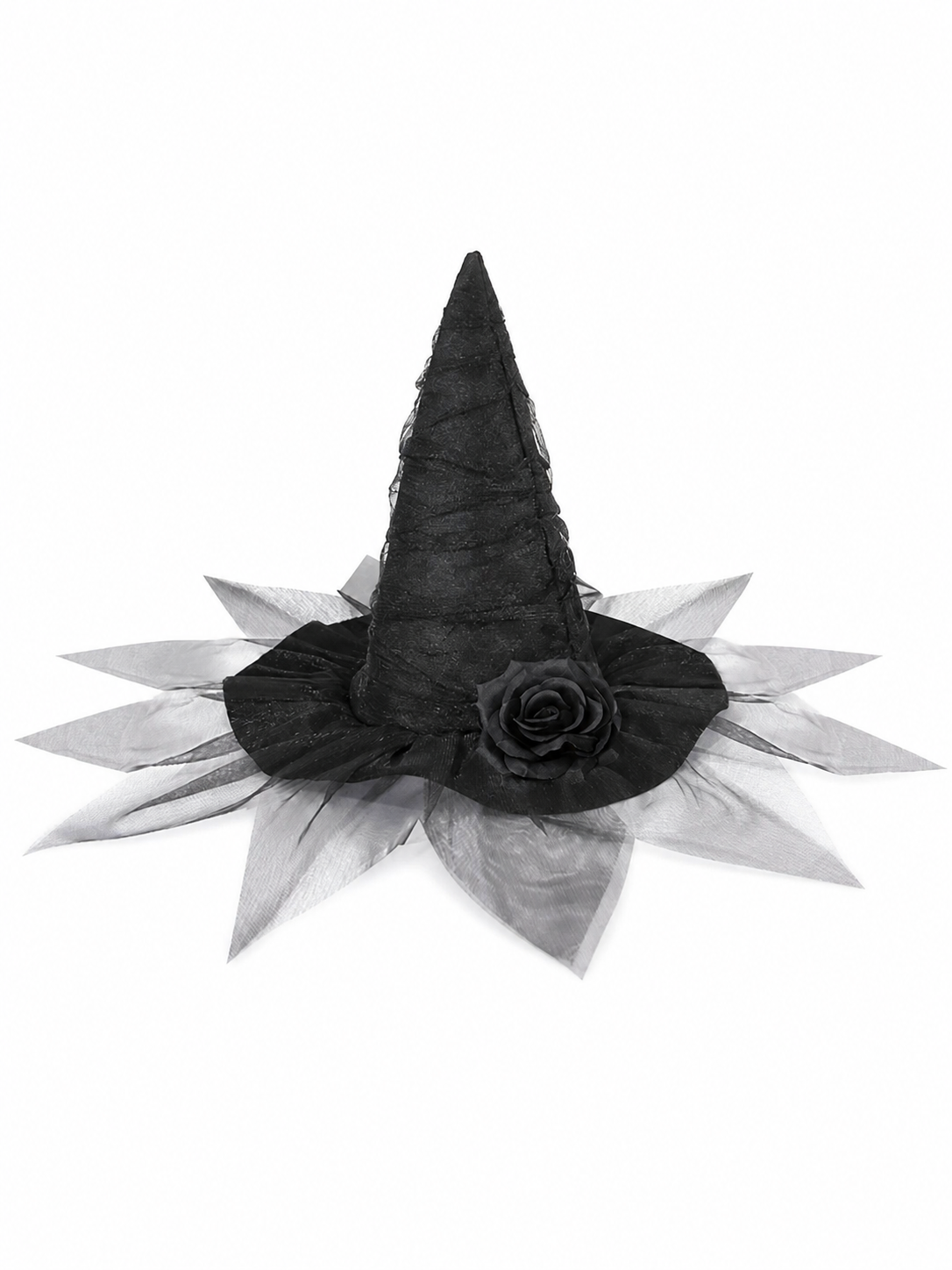Black Halloween Witch Hat with Black Rose, Tall Pointed Wide Brim Mesh Costume Hat for Gothic Parties and Decorations