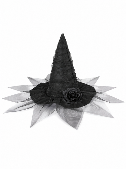 Black Halloween Witch Hat with Black Rose, Tall Pointed Wide Brim Mesh Costume Hat for Gothic Parties and Decorations