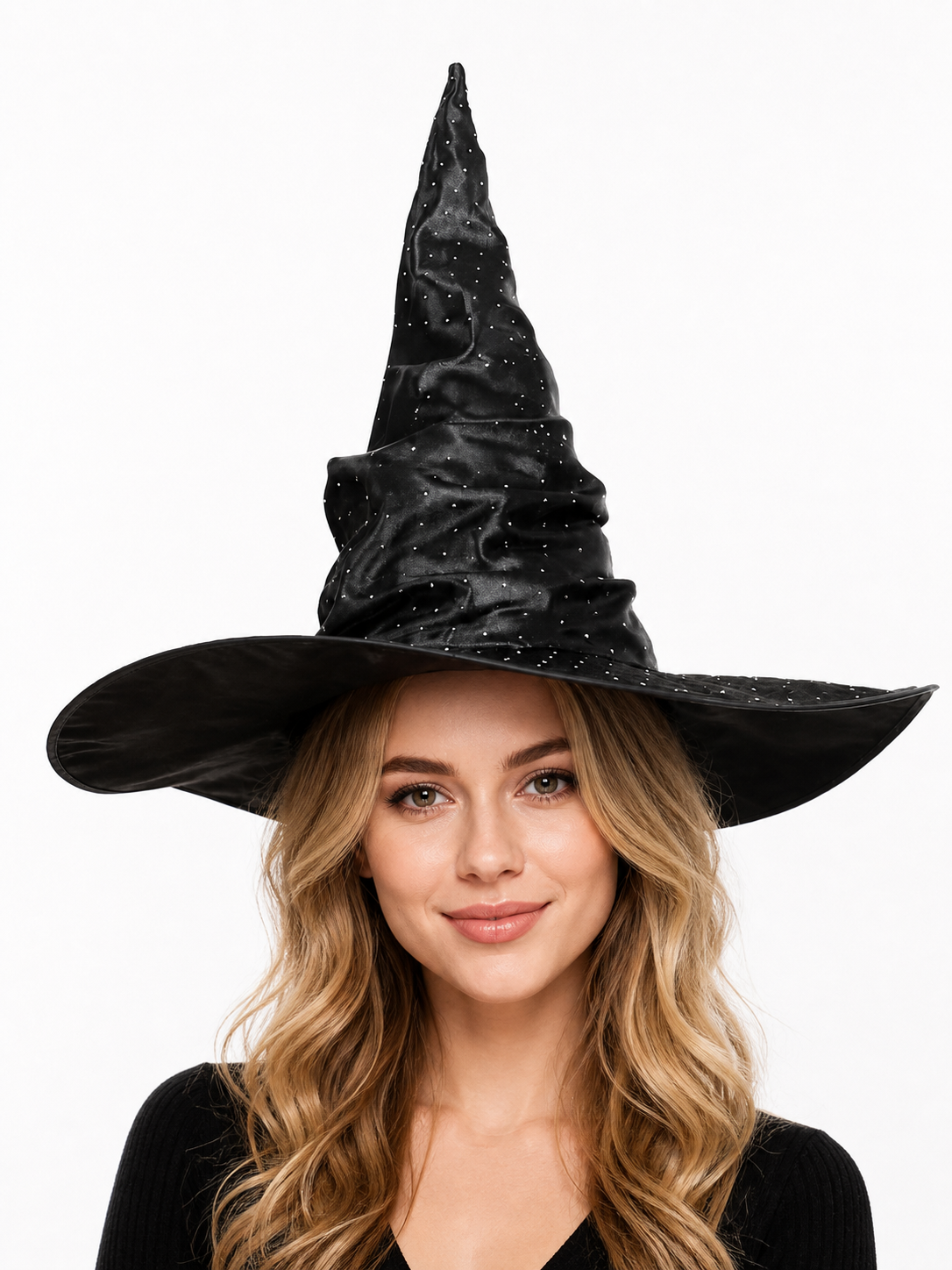 Black Halloween Witch Hat Pointed Wide Brim Ruched Crown With Silver-White Dot Embellishments Costume Accessory