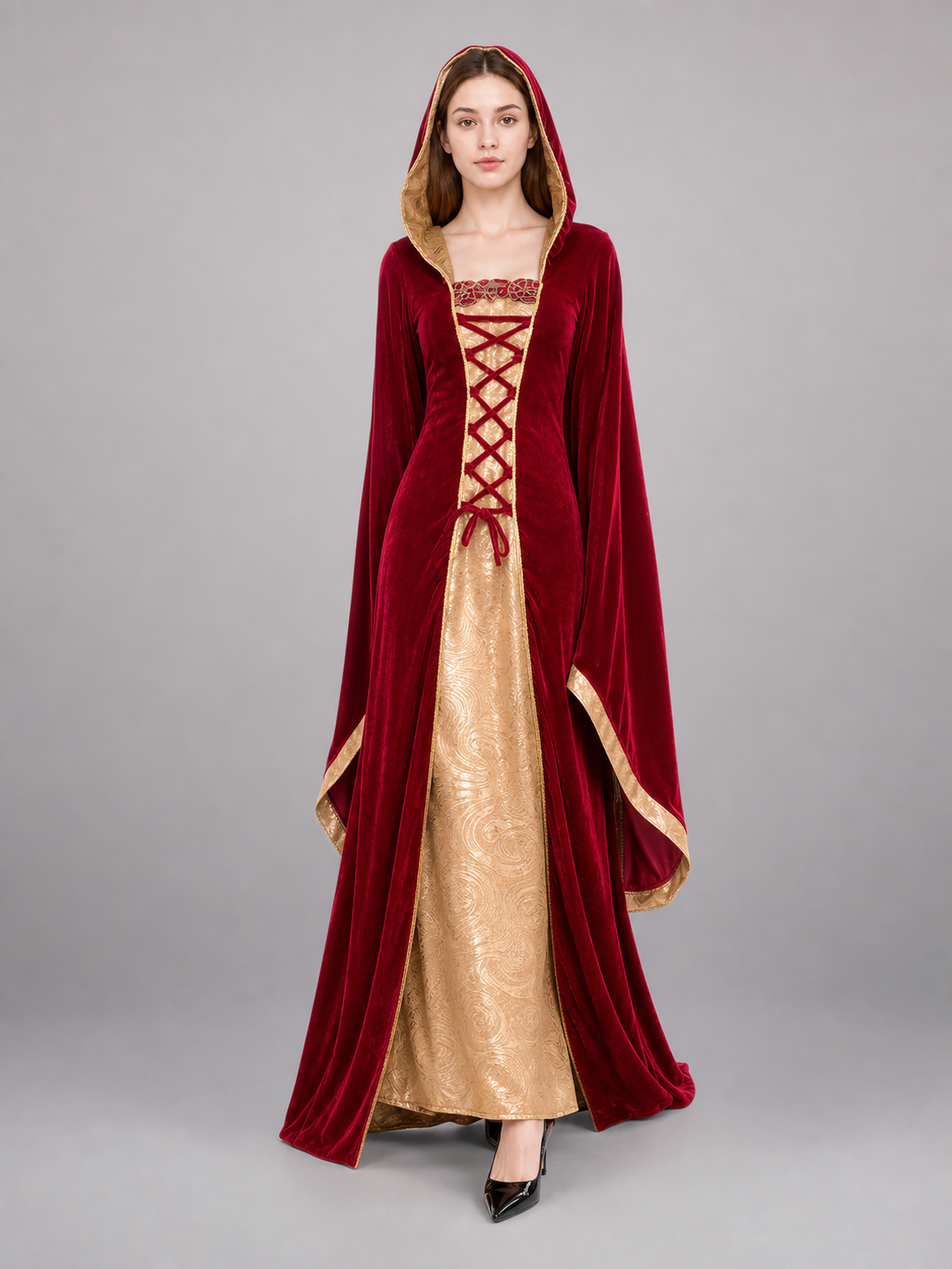 Burgundy carnival hooded cloak for cosplay