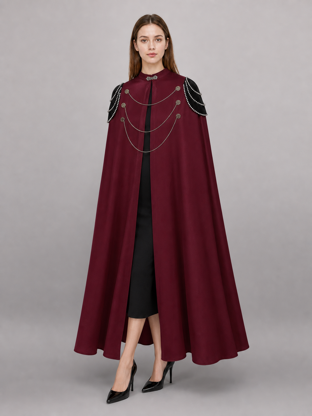 Long burgundy hooded carnival cloak