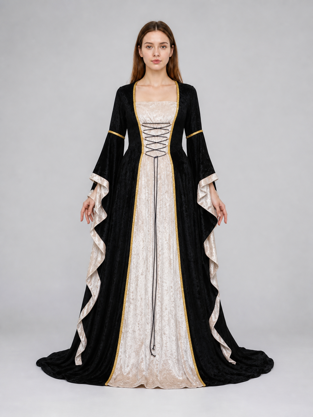 Floor-Length Dress with Corset Lacing and Ruffles