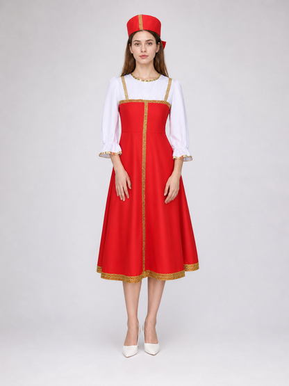 Russian Folk Midi Dress with Hat
