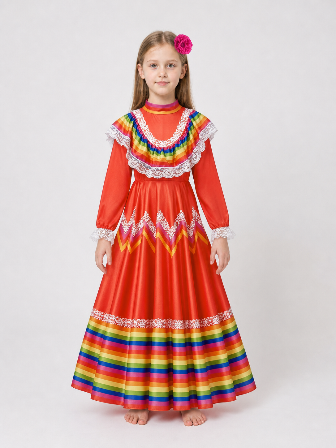 Folk Dress with Ruffles and Rainbow Inserts