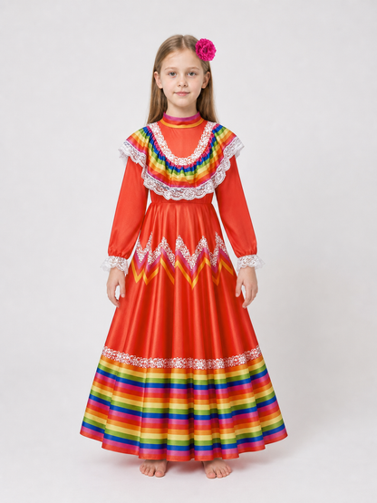 Folk Dress with Ruffles and Rainbow Inserts