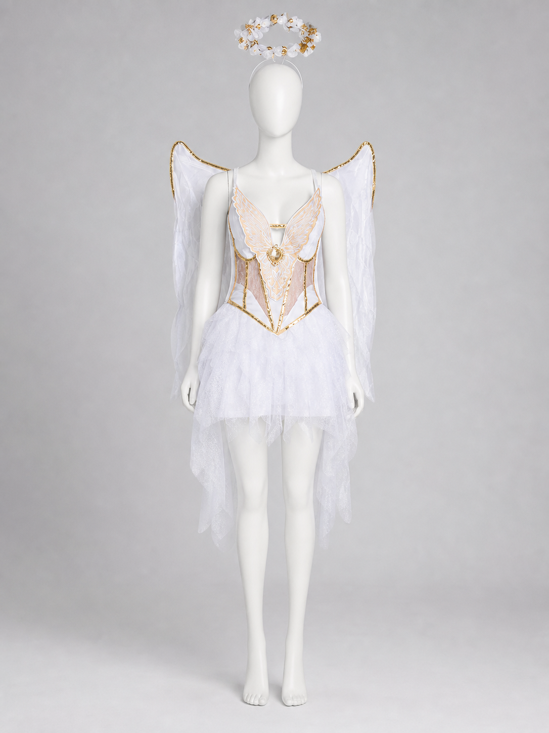 White-and-Gold Angel Costume with Wings and Halo