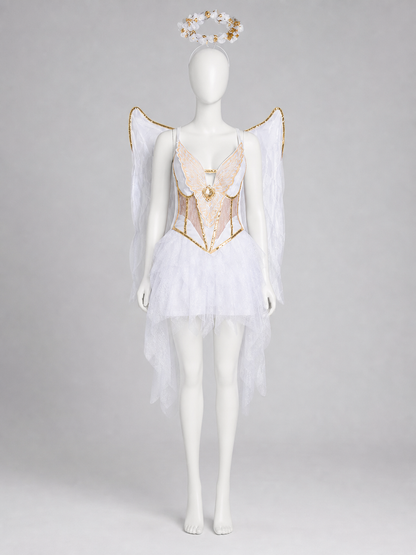 White-and-Gold Angel Costume with Wings and Halo