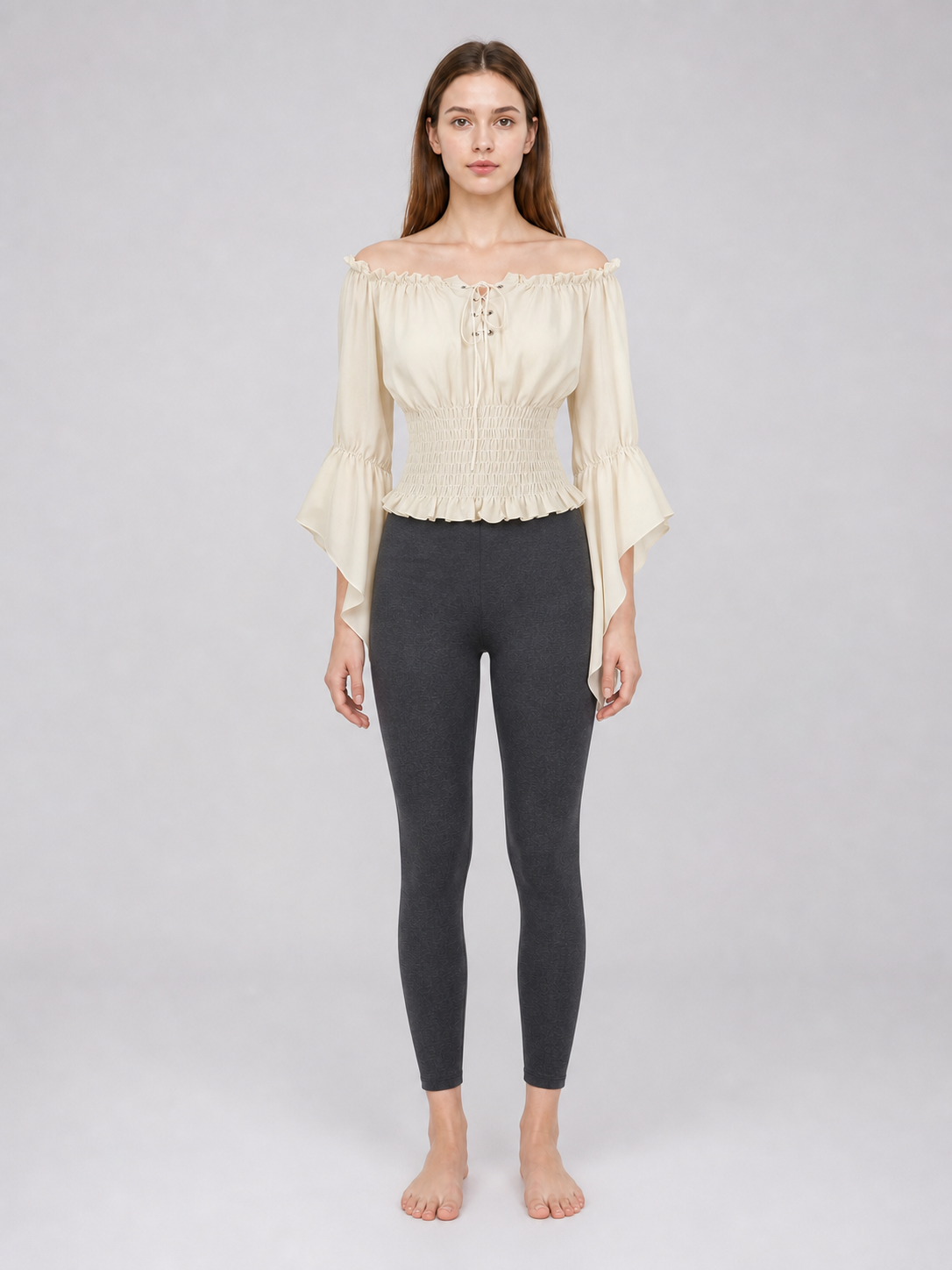 Off-the-Shoulder Lace-Up Blouse, Beige