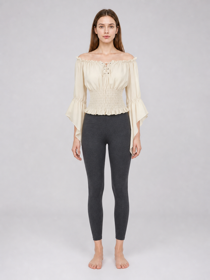 Off-the-Shoulder Lace-Up Blouse, Beige