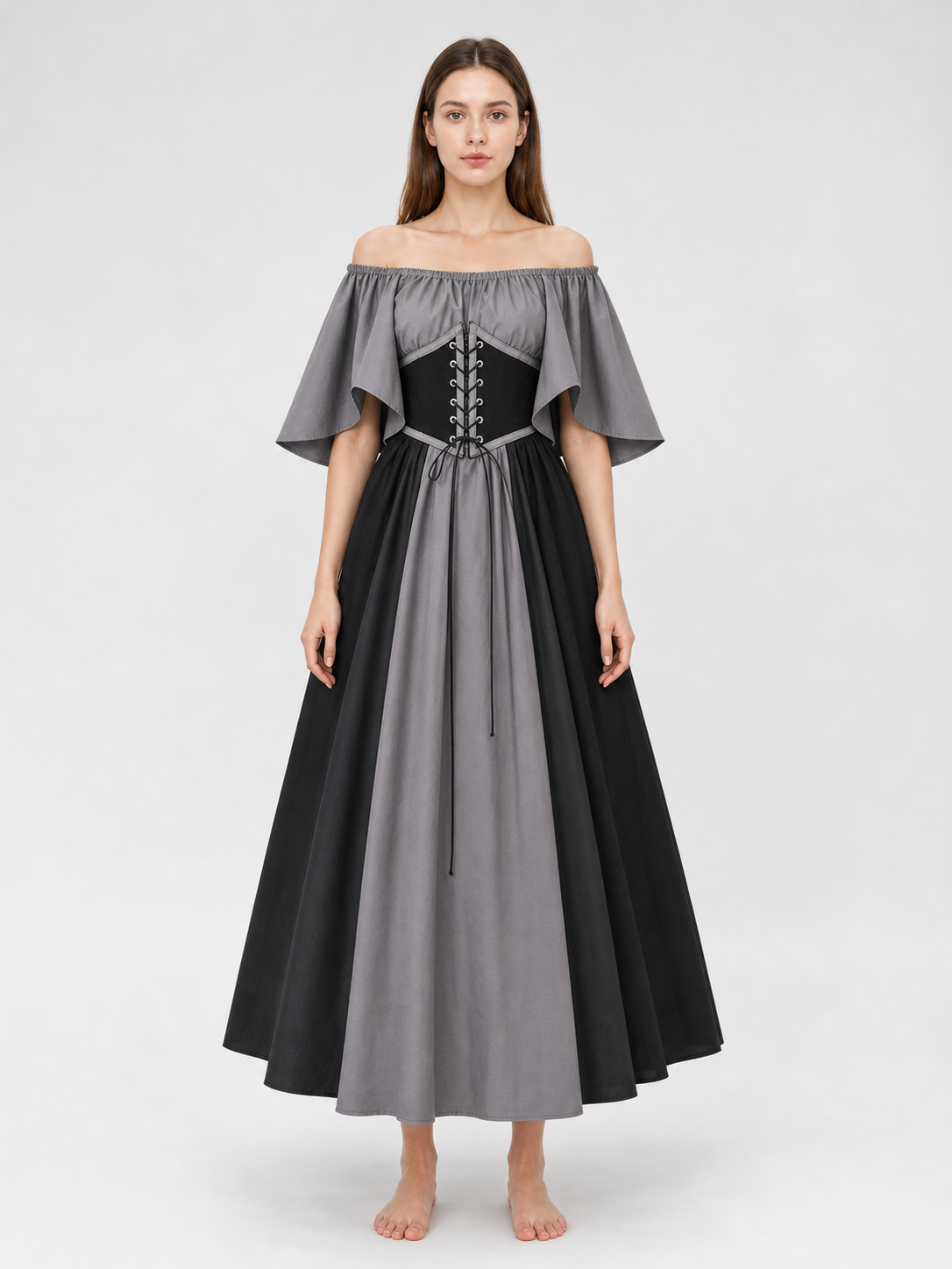 Gothic Dress with Corset, Ruffles, and Lace-Up Detail