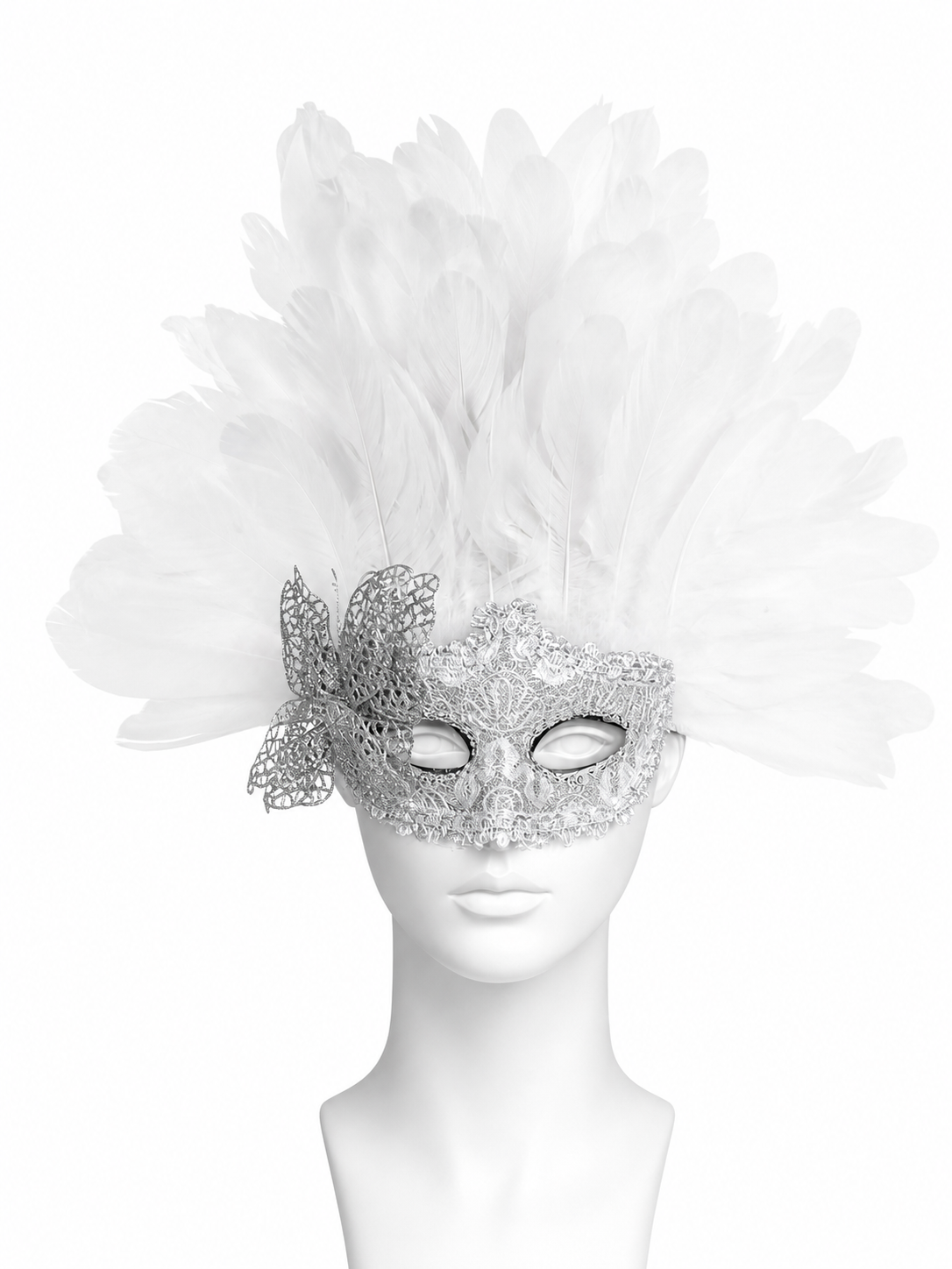 White feather masquerade mask with silver filigree embellishments, displayed front-facing on a mannequin