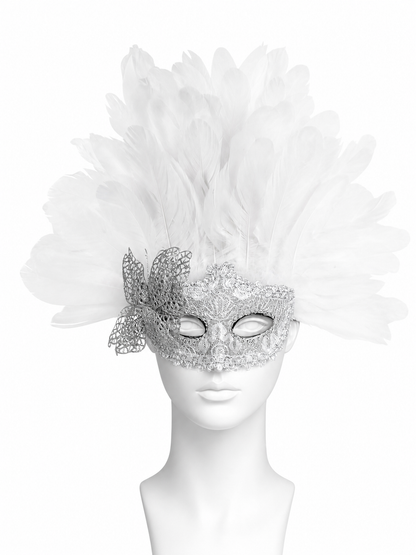 White feather masquerade mask with silver filigree embellishments, displayed front-facing on a mannequin