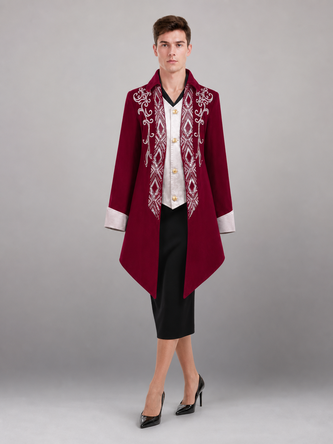 Burgundy Tailcoat Jacket with White Trim
